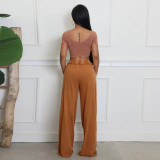 Vintage Two-Piece Sexy Waist-Baring U-Neck Wide-Leg Set for Women