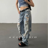 Vintage Distressed Ripped Straight-Leg Denim Pants for Women