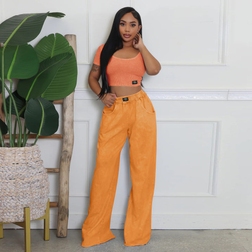 Vintage Two-Piece Sexy Waist-Baring U-Neck Wide-Leg Set for Women