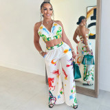 Printed V-Neck Halterneck Wide-Leg Pants Set for Women