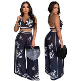 Printed V-Neck Halterneck Wide-Leg Pants Set for Women