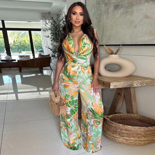 Sleeveless Tie-Front Wide-Leg Printed Jumpsuit for Women