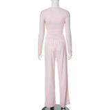 Casual Solid Color Crew Neck Long Sleeve Lounge Set with Wide-Leg Pants