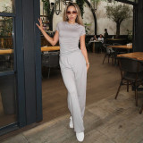 Casual Solid Color Crew Neck Short Sleeve Lounge Set with Wide-Leg Pants