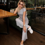 Casual Solid Color Crew Neck Short Sleeve Lounge Set with Wide-Leg Pants