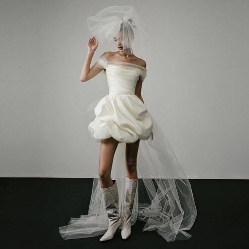 One-Shoulder Short Wedding Dress in Satin White for Petite Brides