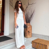 Casual Solid Color Crew Neck Short Sleeve Lounge Set with Wide-Leg Pants