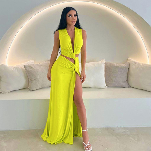 Sexy Solid Color Deep V Neck Hollow Out Slit Bodycon Dress