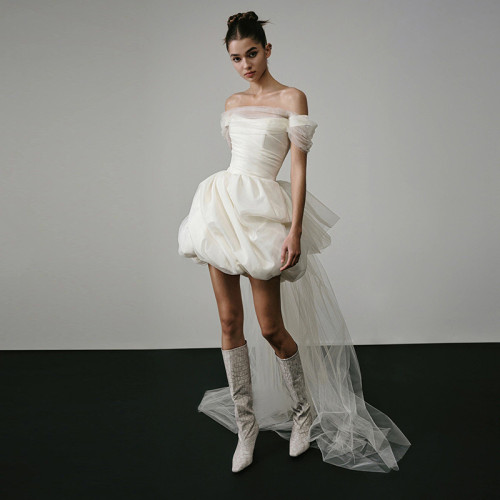 One-Shoulder Short Wedding Dress in Satin White for Petite Brides