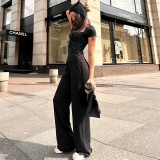 Casual Solid Color Crew Neck Short Sleeve Lounge Set with Wide-Leg Pants