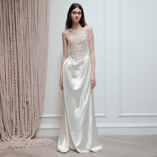 Luxurious Satin Outer Layer with Pearl Embellishments Handcrafted Light Wedding Dress