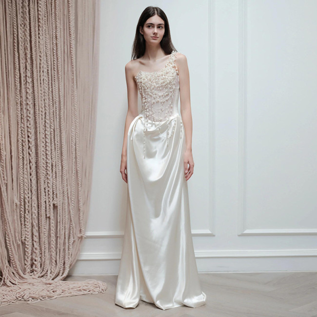 Luxurious Satin Outer Layer with Pearl Embellishments Handcrafted Light Wedding Dress