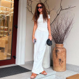 Casual Solid Color Crew Neck Short Sleeve Lounge Set with Wide-Leg Pants