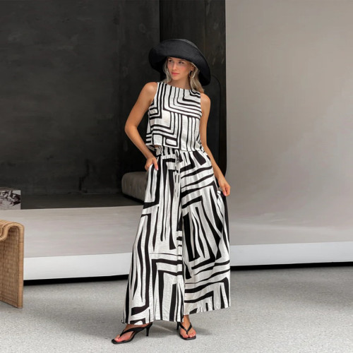 Geometric Print Casual Loose Fit Sleeveless Top & Wide-Leg Straight Pants Set