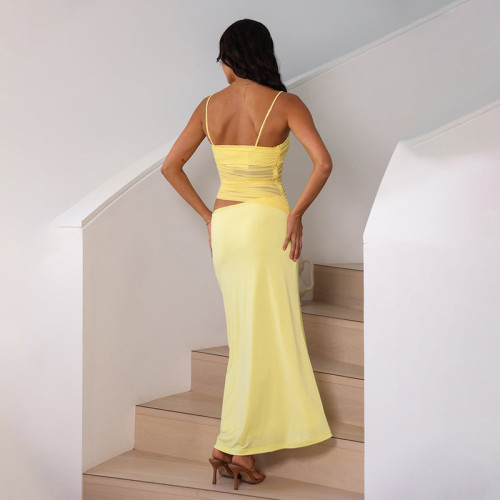 Ihoov Casual Solid Color Sleeveless Pleated Tank Top and Long Skirt Set