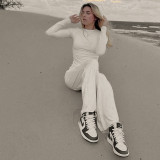 Casual Solid Color Crew Neck Long Sleeve Lounge Set with Wide-Leg Pants