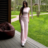 Casual Solid Color Crew Neck Short Sleeve Lounge Set with Wide-Leg Pants