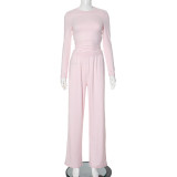 Casual Solid Color Crew Neck Long Sleeve Lounge Set with Wide-Leg Pants