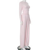 Casual Solid Color Crew Neck Long Sleeve Lounge Set with Wide-Leg Pants