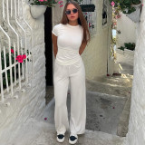 Casual Solid Color Crew Neck Short Sleeve Lounge Set with Wide-Leg Pants