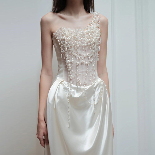Luxurious Satin Outer Layer with Pearl Embellishments Handcrafted Light Wedding Dress