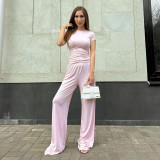 Casual Solid Color Crew Neck Short Sleeve Lounge Set with Wide-Leg Pants