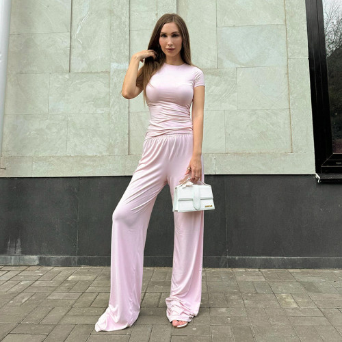Casual Solid Color Crew Neck Short Sleeve Lounge Set with Wide-Leg Pants