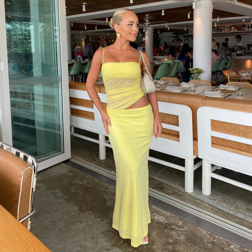 Ihoov Casual Solid Color Sleeveless Pleated Tank Top and Long Skirt Set