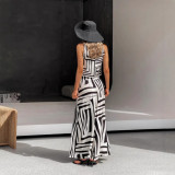 Geometric Print Casual Loose Fit Sleeveless Top & Wide-Leg Straight Pants Set