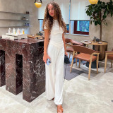 Casual Solid Color Crew Neck Short Sleeve Lounge Set with Wide-Leg Pants