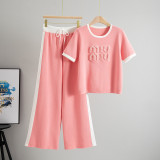Women's Striped Short Sleeve High-Waisted Wide-Leg Pants Two-Piece Set