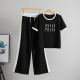 Women's Striped Short Sleeve High-Waisted Wide-Leg Pants Two-Piece Set