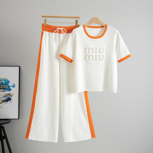 Women's Striped Short Sleeve High-Waisted Wide-Leg Pants Two-Piece Set