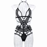 Ihoov Black Strappy Cross-Back Body Suit with Chain Details
