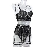 Ihoov Lace Sheer Pearl Handmade Bow Lingerie Set