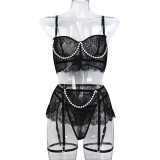 Ihoov Lace Sheer Pearl Handmade Bow Lingerie Set