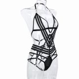Ihoov Black Strappy Cross-Back Body Suit with Chain Details