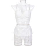 Ihoov Lace Sheer Pearl Handmade Bow Lingerie Set