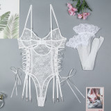 Ihoov White Sheer Lace Cross-Strap Open-Back Bodysuit