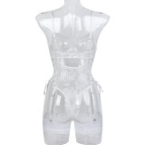Ihoov White Sheer Lace Cross-Strap Open-Back Bodysuit