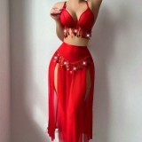Ihoov Red Openwork Metal Chain Lingerie Set