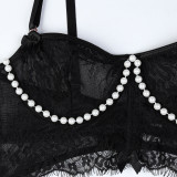 Ihoov Lace Sheer Pearl Handmade Bow Lingerie Set