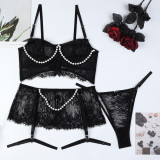 Ihoov Lace Sheer Pearl Handmade Bow Lingerie Set