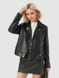 Crop Leather Jacket with Notch Collar