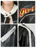Sexy Color-Blocked Leather Motorcycle Jacket for Women