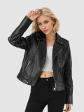 Fitted Stand Collar Leather Jacket for Women