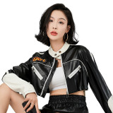 Sexy Color-Blocked Leather Motorcycle Jacket for Women