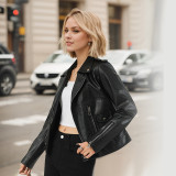 Fitted Stand Collar Leather Jacket for Women