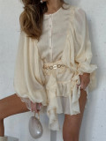 Ihoov Chic Button-Down Ruffle Lantern Sleeve Cropped Dress