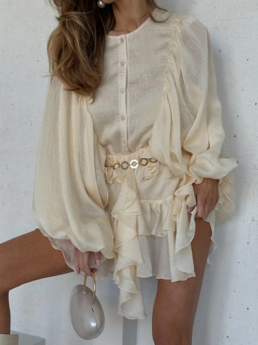 Ihoov Chic Button-Down Ruffle Lantern Sleeve Cropped Dress